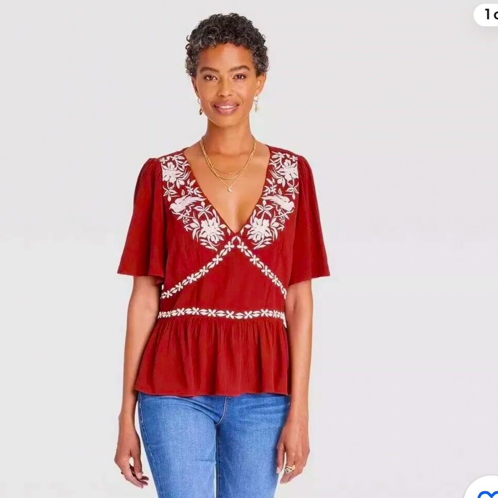 New Knox Rose Maroon + White Floral +
Birds Embroidered Peplum Blouse Top XL